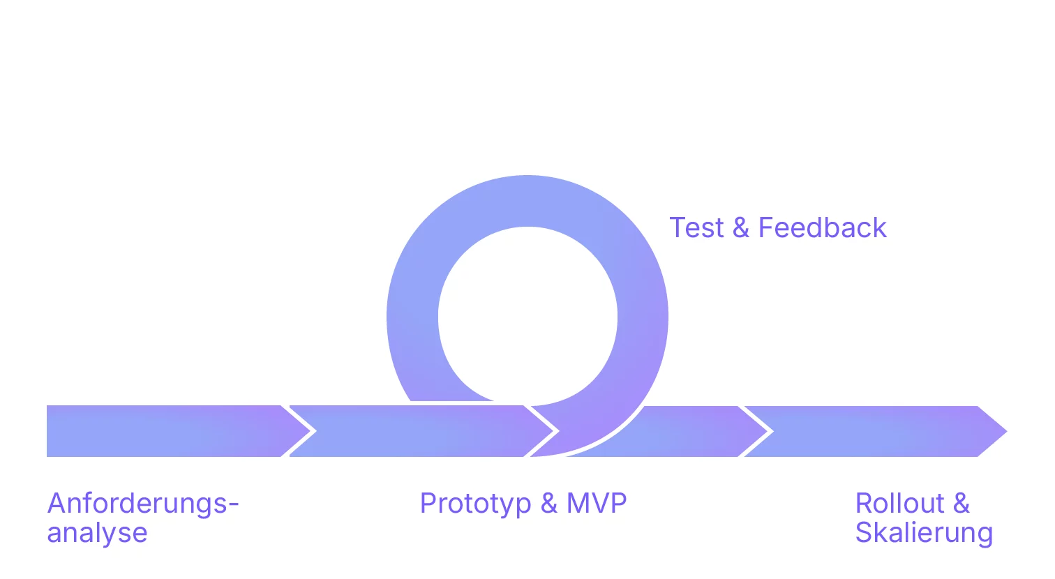 Een diagram dat het proces van een 'Individualentwicklung' weergeeft. Van behoefteanalyse tot prototype &amp; MVP, testen &amp; feedback, uitrol &amp; opschaling